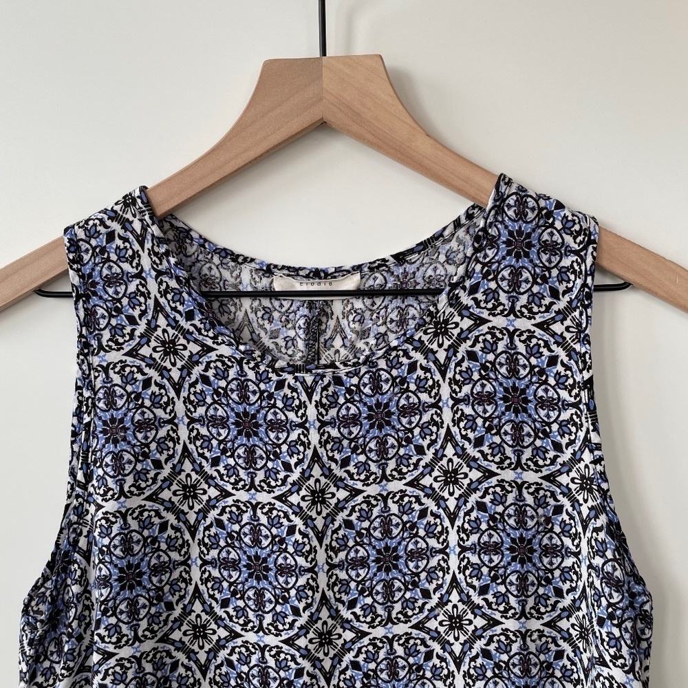 Elodie Boho Flowy Blue White Lightweight Blouse Tank Top Scoop Neck Sleeveless M - Picture 3 of 6